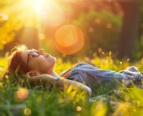 Девушка лежит на траве в лучах солнца