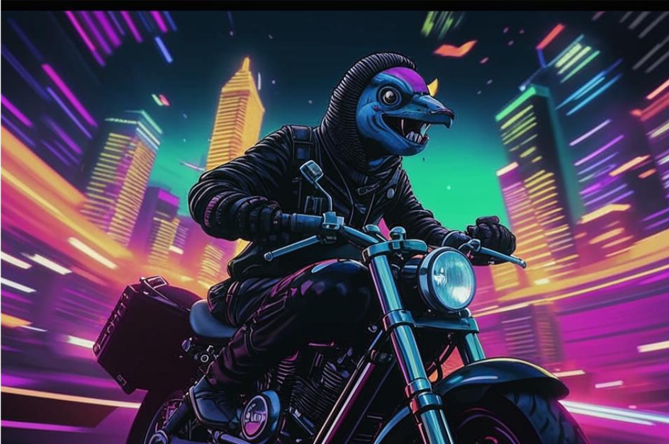 Голубь-байкер в бандане и черной кожаной куртке мчит на мотоцикле по ночному неоновому городу, психоделика