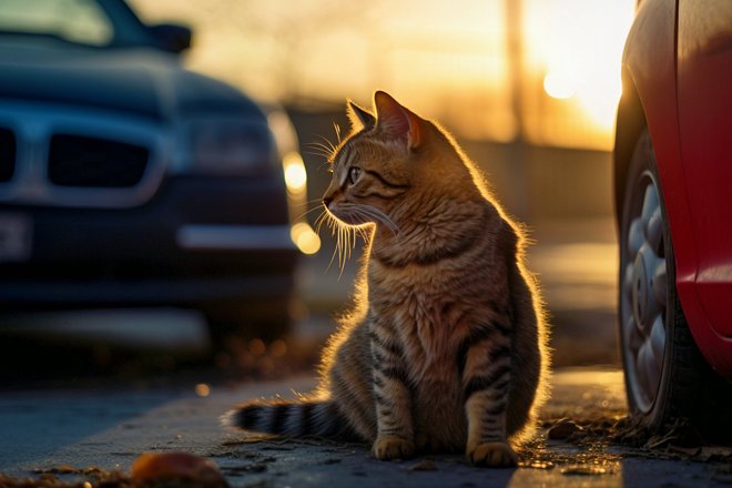 Кот на дороге рядом с машинами Кот на дороге рядом с машинами
