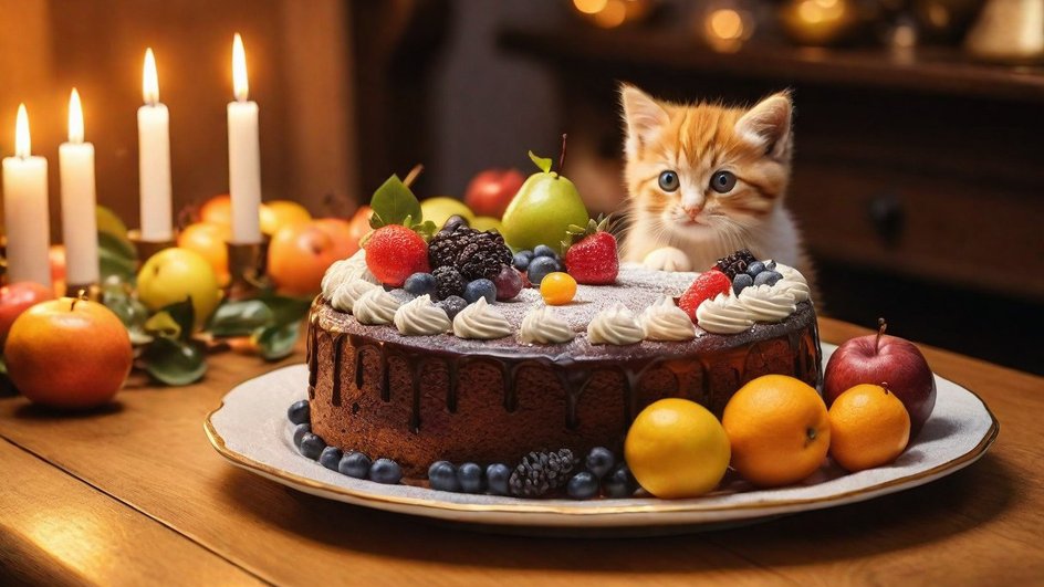 Торт, фрукты, свечи, котенок