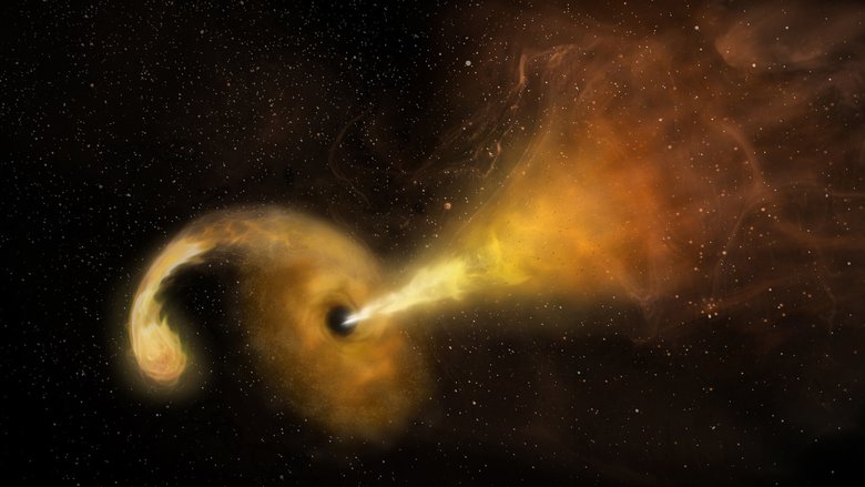 Когда звезда проходит смертельно близко к сверхмассивной черной дыре, та реагирует, выпуская струю энергии. Автор концептарта: София Дагнелло, NRAO / AUI / NSF
