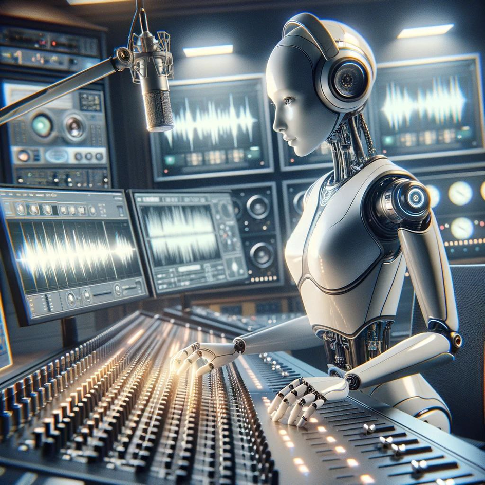 Робот сводит звук на студии звукозаписи