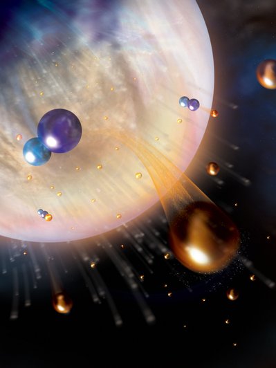 Венера сегодня сухая из-за потери воды в космосе в виде атомарного водорода. В доминирующем процессе потери ион HCO + рекомбинирует с электроном, образуя быстрые атомы H (оранжевые), которые используют молекулы CO (синие) в качестве стартовой площадки для побега.