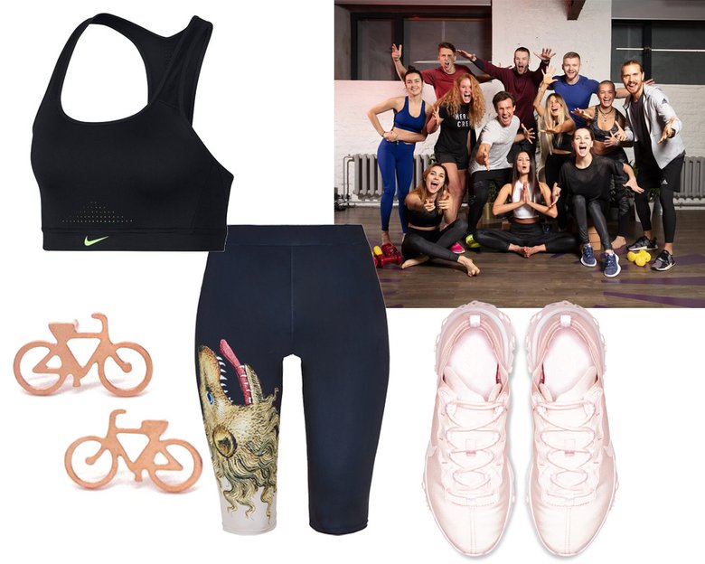 Велосипедки Alena Akhmadulina; бра Nike; кроссовки Nike React Element 55 (street-beat.ru); серьги @happysupplies (etsy.com)