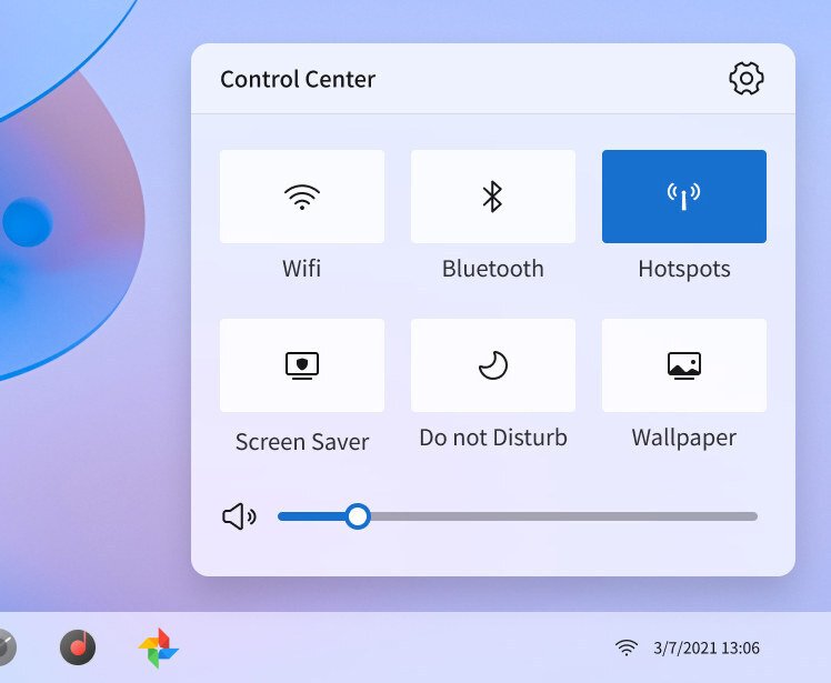 Центр управления выглядит как в Windows 11. В нем можно быстро настроить WiFi, Bluetooth, режим точки доступа, заставку, опцию «Не беспокоить», обои и громкость. Он также позволяет перейти на страницу настроек с помощью значка шестеренки в правом верхнем углу. Фото: cnx-software.com