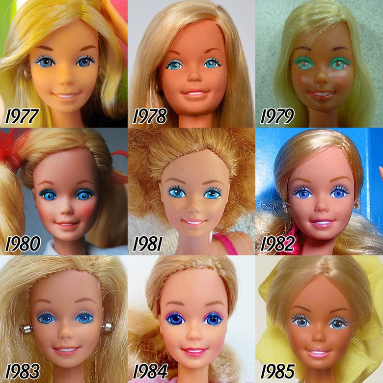 Иногда у Барби менялись не только макияж и прическа, но и цвет лица
