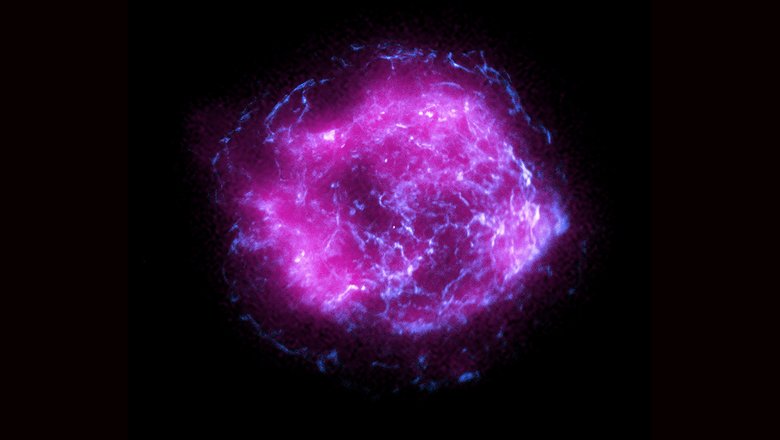 Изображение Кассиопеи А по данным телескопов IXPE (пурпурный цвет) и «Чандра» (синий цвет)
