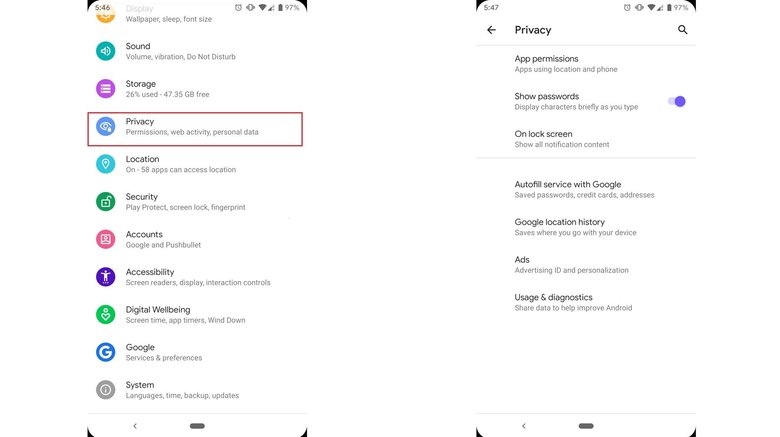 Пункт «Приватность» в настройках Android Q