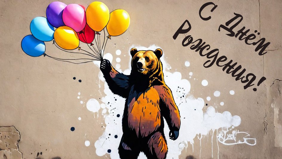 Медведь с шариками и подпись "С Днем Рождения!"