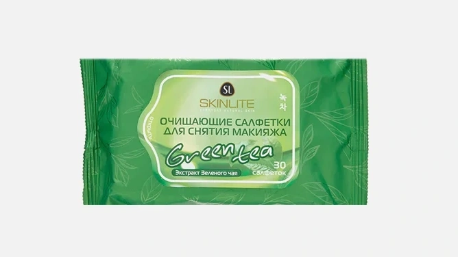 Упаковка очищающих влажных салфеток для снятия макияжа фирмы SKINLITE серия Green Tea