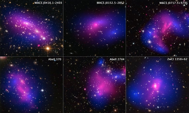Распределение темной материи (окрашено в синий цвет) в шести скоплениях галактик, нанесенных на карту из изображений с видимым светом с космического телескопа Хаббла. Источник: NASA, ESA, STScI и CXC