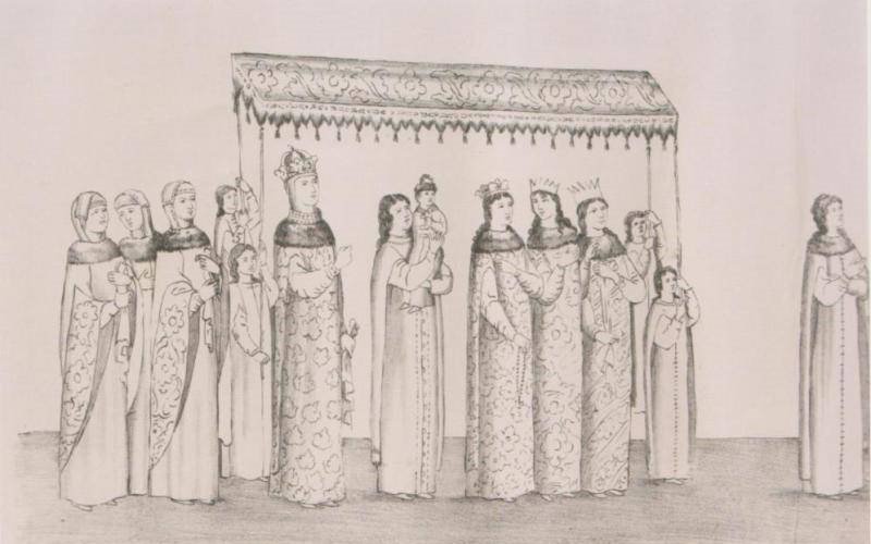Выход царицы Марии Ильиничны с царевичем и царевнами.