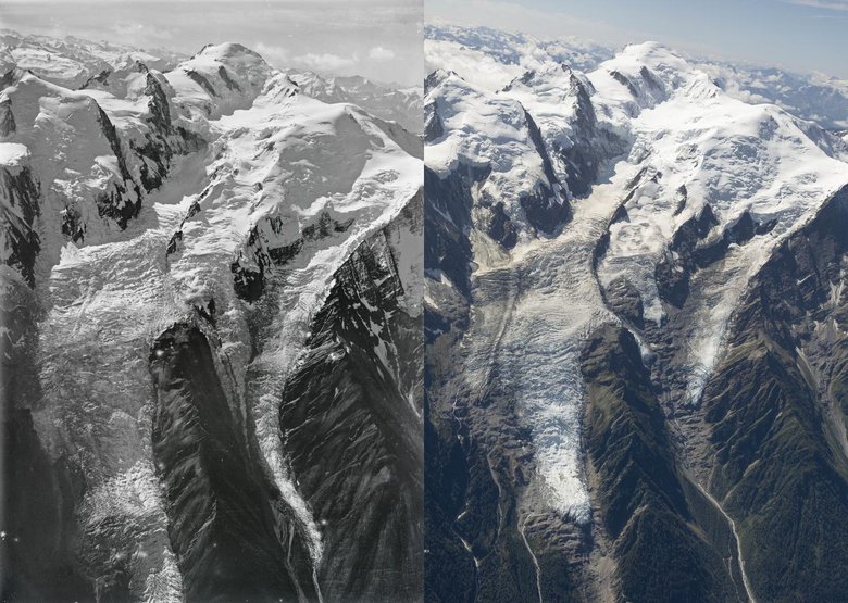 Ледник Монблан Боссон в 1919 (слева) и 2019 годах. Фото: Walter Mittelholzer, ETH-Bibliothek Zürich / Dr Kieran Baxter, University of Dundee