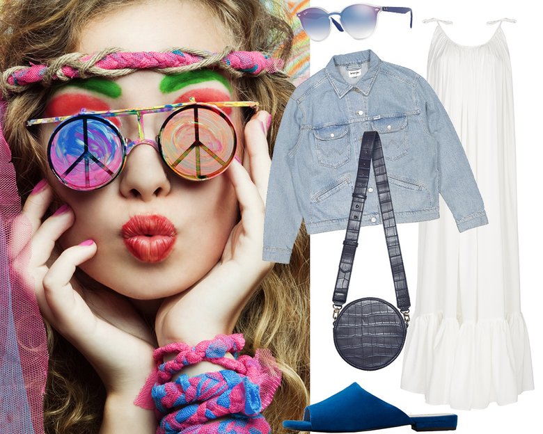Очки Ray-Ban; джинсовка Wrangler; платье Yulia Prokhorova Beloe Zoloto; сумка Mohito; обувь Vagabond
