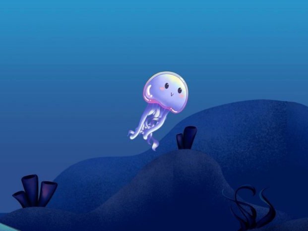 В игре PainWaive анимированная медуза плывет в воде, меняющей цвет В игре PainWaive анимированная медуза плывет в воде, меняющей цвет