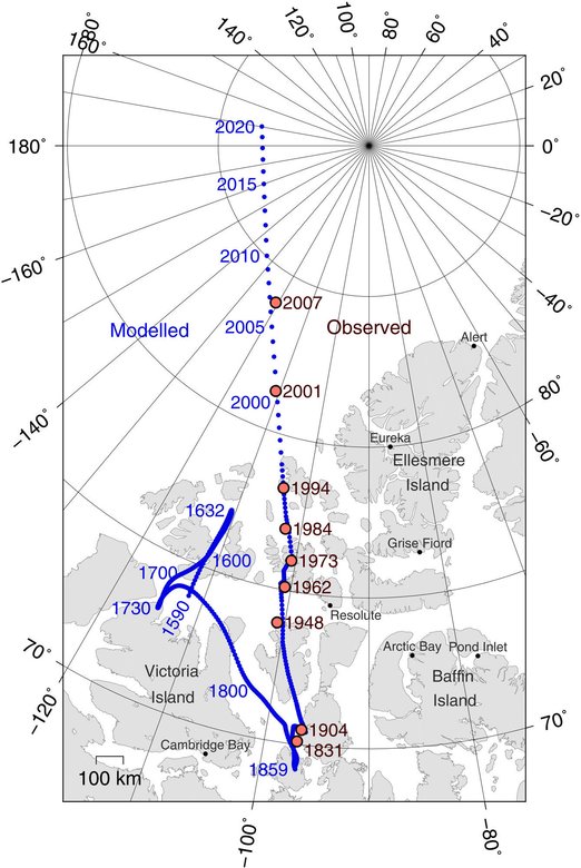 Схема перемещения северного магнитного полюса Земли. Фото: commons.wikimedia.com/Cavit