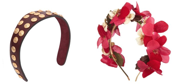 Кожаный ободок — Valentino, 13 770 руб./$420 (слева); ободок с искусственными цветами — Eugenia Kim, 6750 руб./$206