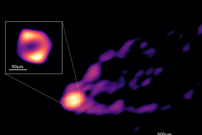 На этом изображении GMVA+ALMA струя M87 и тень черной дыры впервые показаны вместе. Кольцо черной дыры, показанное на врезке, на 50% больше, чем считали ученые ранее. Фото: R. Lu and E. Ros (GMVA), S. Dagnello (NRAO/AUI/NSF)