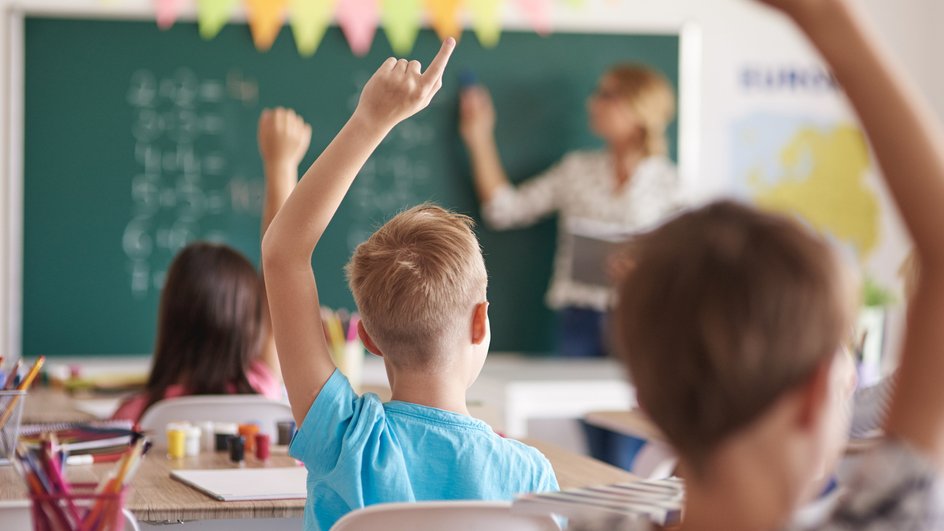 Школьник на уроке поднимают руки чтобы ответить на вопрос учителя
