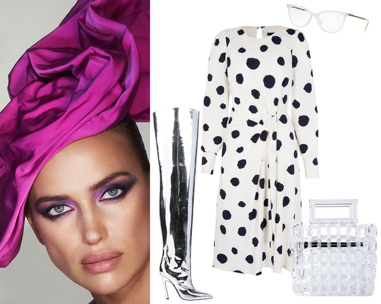 Платье NEXT; сапоги BALENCIAGA (YOOX.COM); серьги UNOde50; очки Vogue; сумка Zara