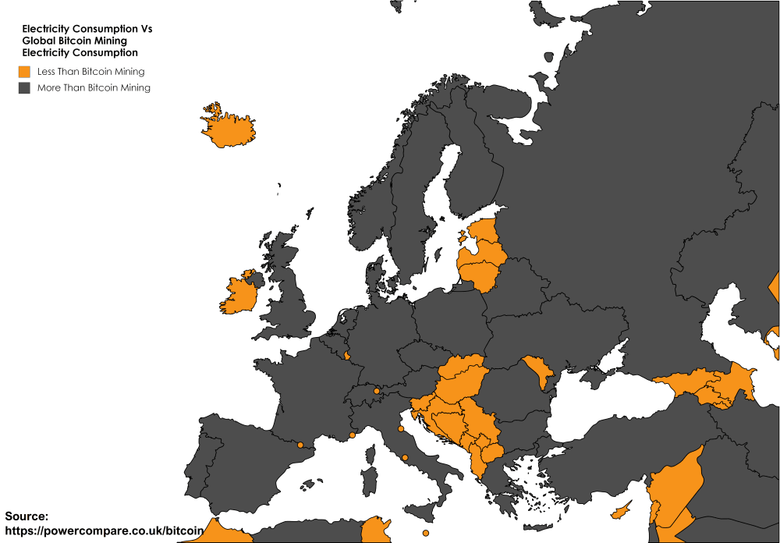 Оранжевым отмечены страны с меньшим энергопотреблением, чем биткоин, серым — с большим.