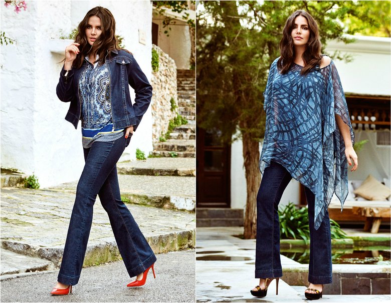 Слева: блуза, 11 990 руб., джинсы, 13 900 руб., джинсовая куртка, 21 900 руб. (все — Elena Miro); справа: туника, 33 900 руб., джинсы, 13 900 руб. (все — Elena Miro)