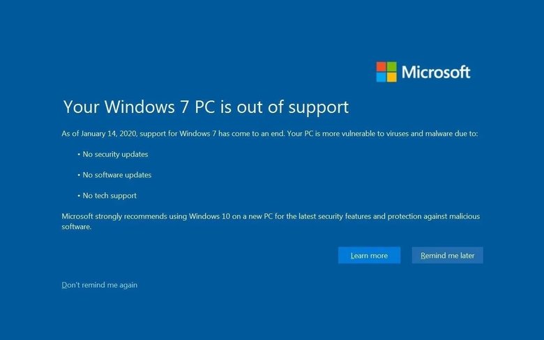 Окно с предупреждением для пользователей Windows 7