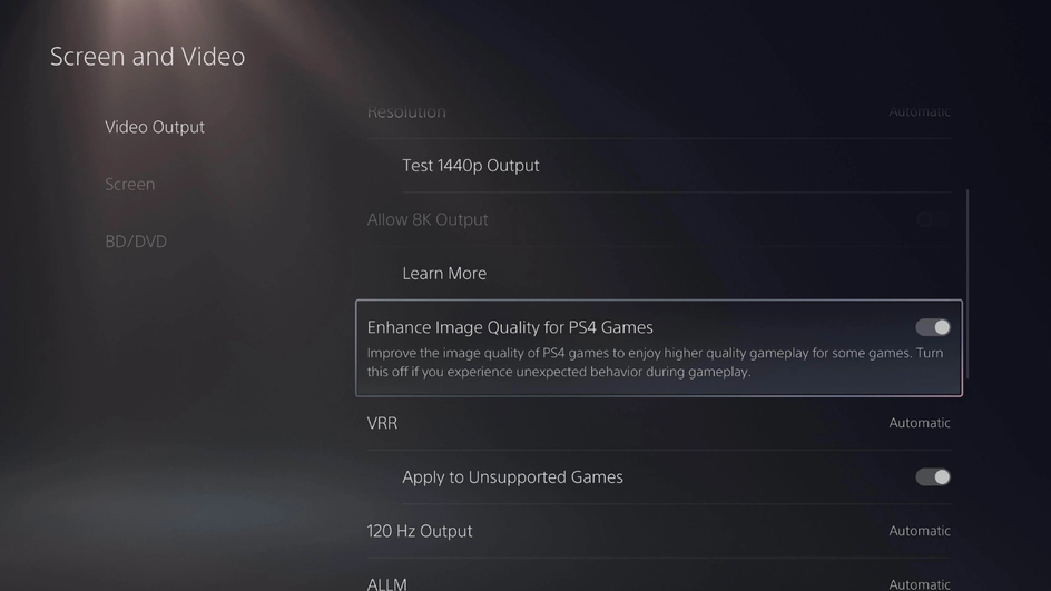 Настройки Enhance Image Quality в PlayStation 5 Pro