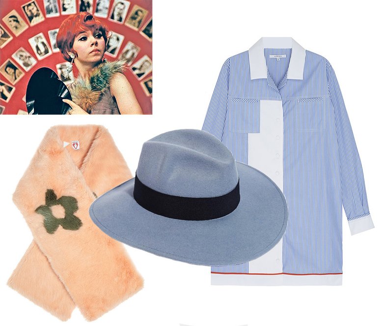 Слева направо: шарф из искусственного меха Shrimps; фетровая шляпа Catarzi; платье-рубашка Carven. 