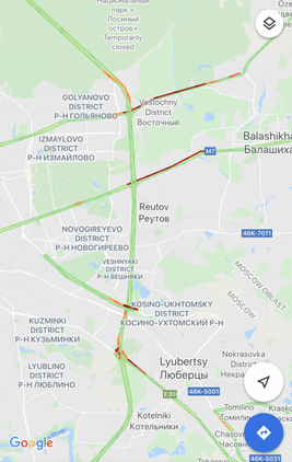 Пробки на всех основных точках въезда в Москву. Источник: Google Maps