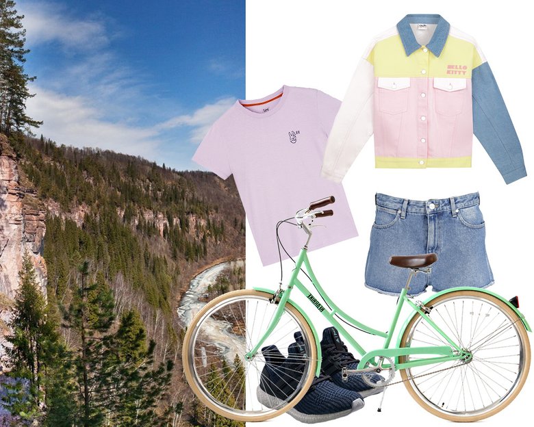 Футболка Lee; куртка Hello Kitty x ASOS; шорты Wrangler; велосипед Bear Bike; кроссовки adidas