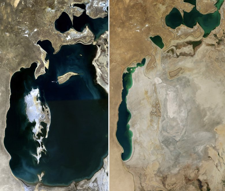 Аральское море в 1989 и в 2014 г. Фото: Wikipedia