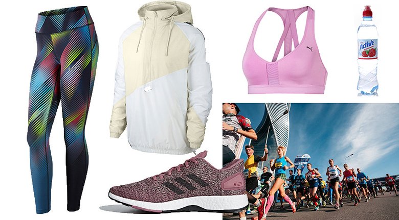 Лосины Nike; ветровка Nike; бра Puma; кроссовки adidas PureBOOST DPR, вода Aqua Minerale Active