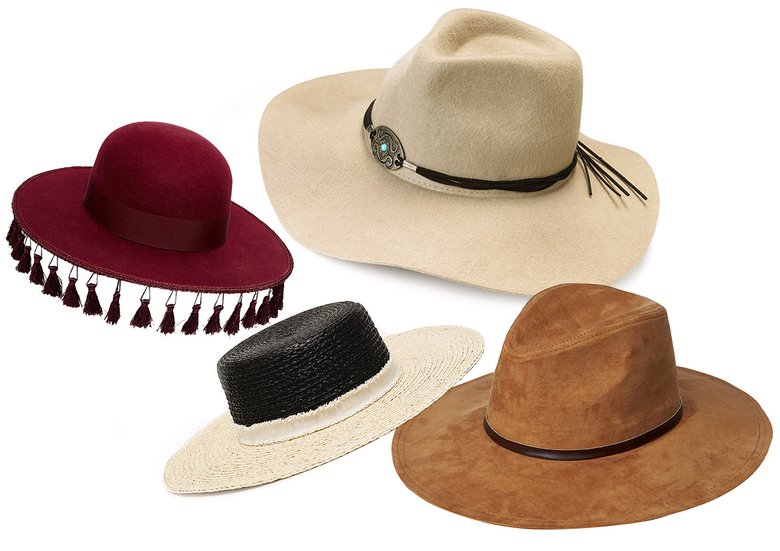 Слева направо по часовой стрелке: широкополая шляпа Brixton (Asos), 10 714,26 руб.; шляпа Mango, 1 999 руб.; шляпа Bershka, цена по запросу; шляпа Zara, 2 299 руб. 