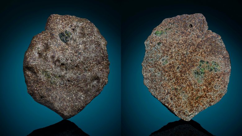 Найденный метеорит описывают как «относительно крупнозернистый, желто-коричневый и бежевый» объект с вкраплениями зеленого, желто-зеленого и желто-коричневого цвета. Фото: Maine Mineral and Gem Museum / Darryl Pitt
