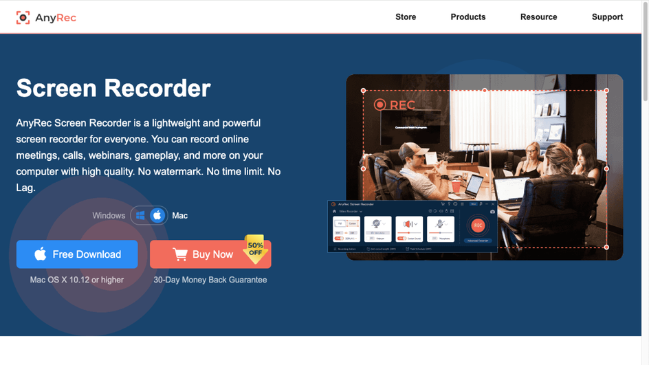 Скриншот главной страницы сайта программы AnyRec Screen Recorder для записи видео с экрана компьютера