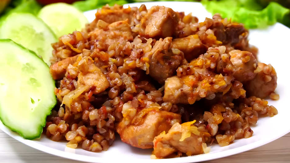 Тарелка гречки с курицей и огурцами крупным планом Тарелка гречки с курицей и огурцами крупным планом