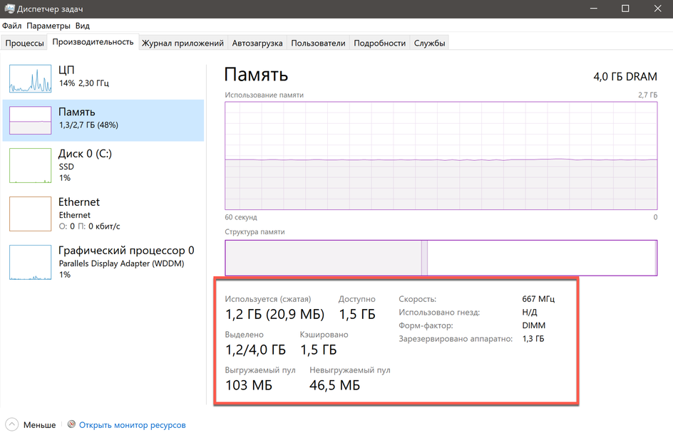 Скриншот окна «Диспетчера задач» с информацией об оперативной памяти