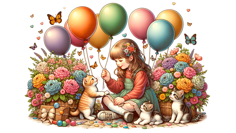 Нарисованная девочка с шариками, цветами, бабочки и котята.