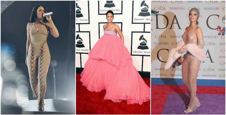 Рианна во время мирового турне; на церемонии Grammy в платье от Giambattista Valli; знаменитое «алмазное» платье от Adam Selman.