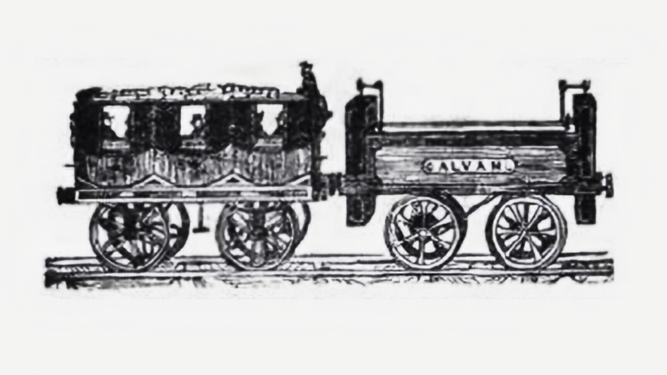 Galvani — первый в мире электровоз. Плакат для электромагнитной выставки Роберта Дэвидсона в Лондоне в декабре 1842 года.