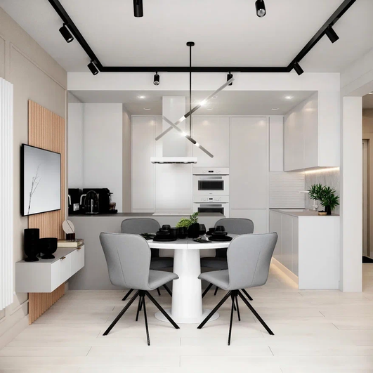 Светлая кухня с с современном стиле с столом, стульями и телевизором