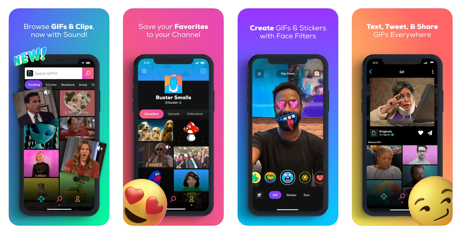 4 картинки, на которых изображен интерфейс приложения GIPHY