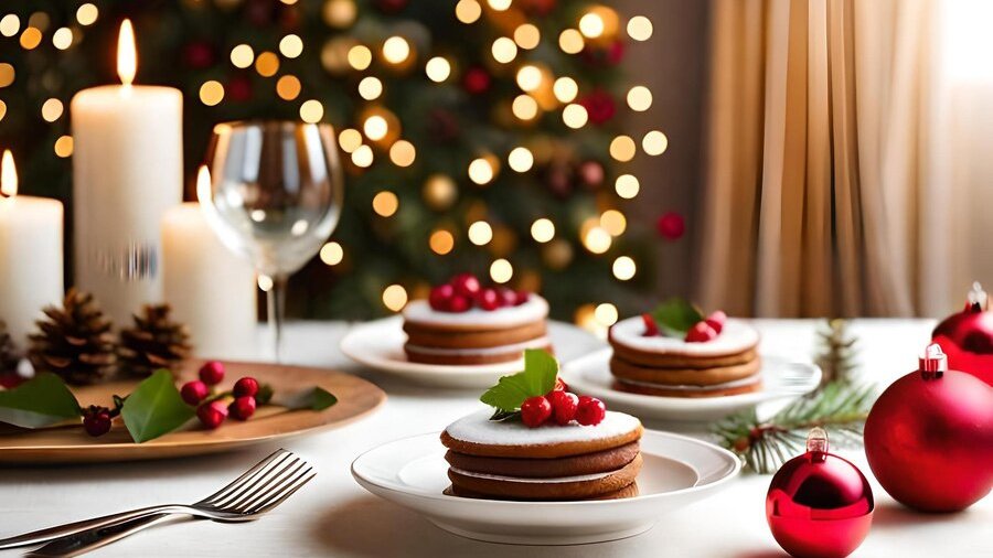 На столе с белой скатертью стоят 3 красных шарика,, три тарелки с пирогами, лежат три вилки, блюдо с ягодами и шишками, стоят бокал и три свечи.