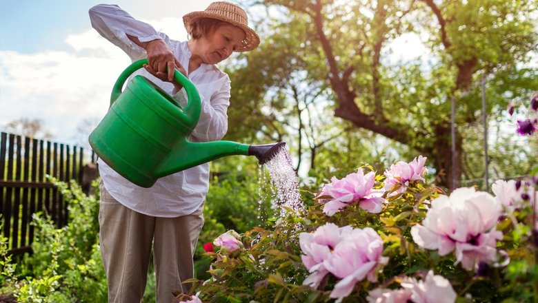 Женщина поливает цветы в саду.