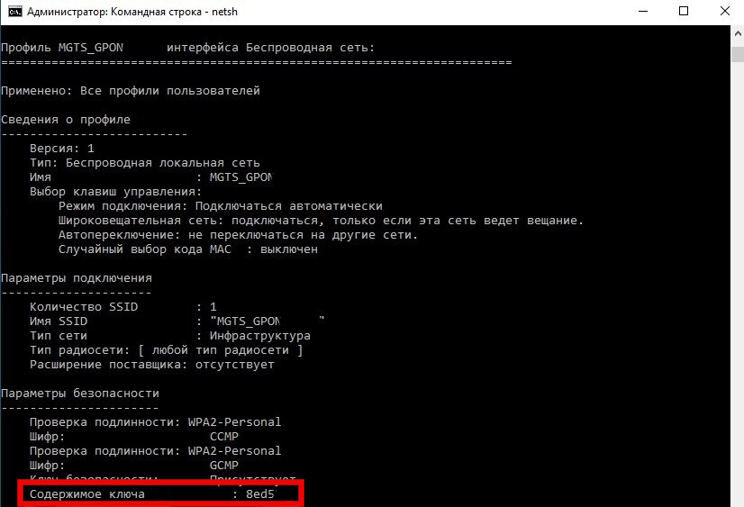 Скриншот окна Терминал Windows (Администратор) с полученным содержимым ключа