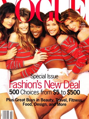 Slide image for gallery: 3771 | одна из самых знаменитых обложек Vogue. Слева направо: Хелена Кристенсен, Клаудиа Шиффер, Наоми Кэмпбелл, Кристи Тарлингтон, Стефани Сеймур. 1993 г.
