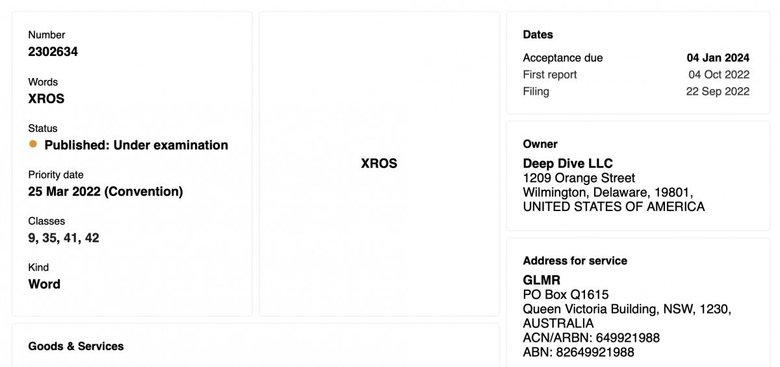 Подача заявки на товарный знак «xrOS» компанией Deep Dive LLC (предположительно подставной компанией, принадлежащей Apple). Фото: gsmarena.com