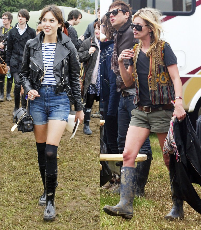 Звездные модницы также голосуют за голые ноги летом и косухи, дополняя свой образ резиновыми сапогами. На фото: Алекса Чанг (слева), Кейт Мосс (справа)