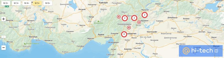 На карте отображены землетрясения магнитудой 5 и выше. Они произошли 6 февраля. Источник: earthquaketrack.ru